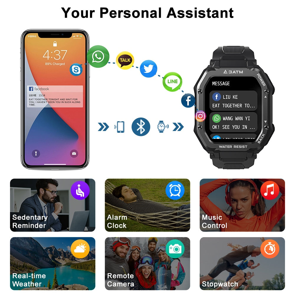 Rugged Smart Watch Men Outdoor Sports Waterproof Fitness Tracker