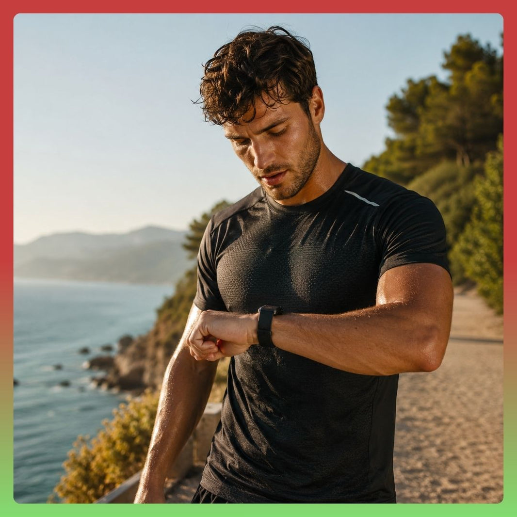 muscular man checking watch outdoor workout
Sweaty muscular man checking fitness watch during intense outdoor workout session by the ocean