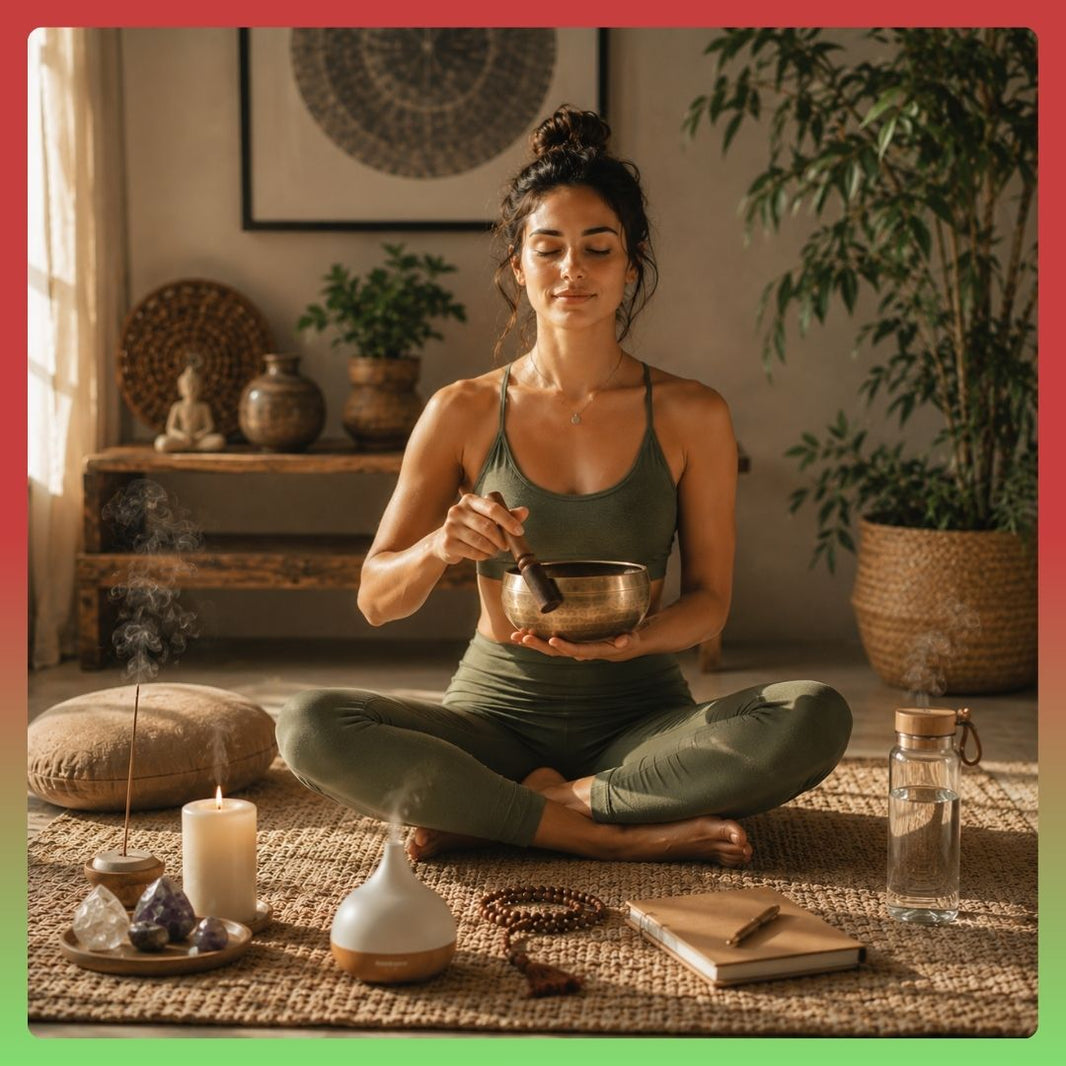 Serene woman playing singing bowl during yoga and meditation session at home for deep relaxation