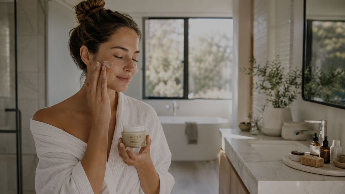Beautiful woman applying natural face cream in luxury bathroom with soft morning light skincare routine