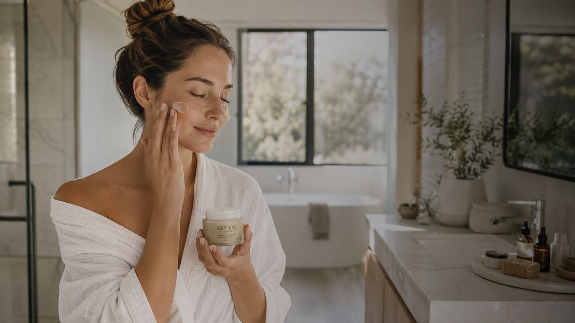 Beautiful woman applying natural face cream in luxury bathroom with soft morning light skincare routine